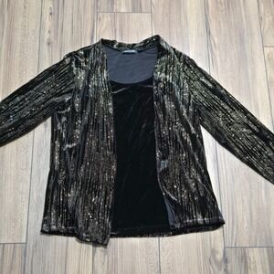 Notations Womens Black Gold Metallic Glitter Velvet Striped Cardigan Top Set M